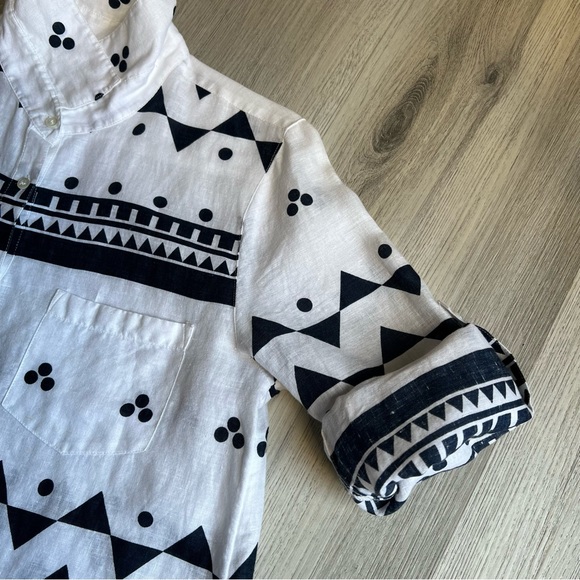 J Crew Linen Size 10 Shirt Blouse Navy Blue White Rollup Sleeves - Picture 11 of 16